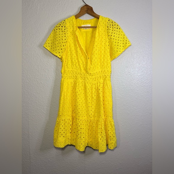 Anthropologie Dresses & Skirts - Anthropologie Yellow‎ Eyelet Lace Mini Dress Women’s Size Small Short Sleeve